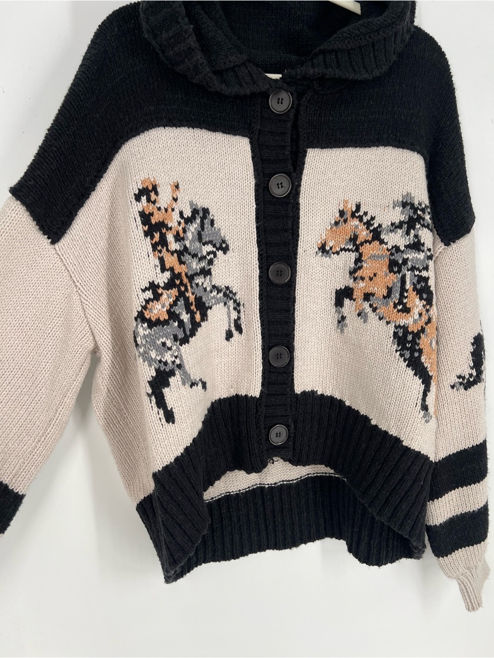 Pilcro Black & Cream Hooded Button-Front Horse Intarsia Cardigan Sweater SAMPLE - Picture 8 of 11